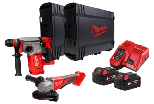 Zestaw Milwaukee: Młotowiertarka SDS-Plus M18BLHX-0X + Szlifierka kątowa M18BLSAG125XPD-0X + 2x aku. 5.0 Ah + szybka ładowarka + 2x walizka HD Box M18BLPP2G-502X 4933498575