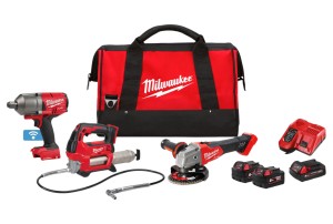 Zestaw Milwaukee: klucz udarowy M18 ONEFHIWF34 FUEL™ ONE-KEY™ 3/4˝, szlifierka kątowa M18FSAG125X FUEL™ 125 mm, smarownica M18GG, aku.: 2x 5.0 Ah + 1x 2.0 Ah, ładowarka M12-18FC, torba M18FPP3AK-523B 4933498576