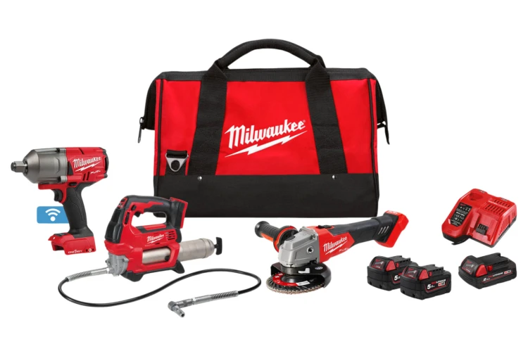 Zestaw Milwaukee: klucz udarowy M18 ONEFHIWF34 FUEL™ ONE-KEY™ 3/4˝, szlifierka kątowa M18FSAG125X FUEL™ 125 mm, smarownica M18GG, aku.: 2x 5.0 Ah + 1x 2.0 Ah, ładowarka M12-18FC, torba M18FPP3AK-523B 4933498576