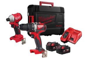Zestaw Milwaukee M18: wiertarko-wkrętarka M18BLDD2 + zakrętarka udarowa M18BLIDR, 2x aku. 5.0Ah, ładowarka, walizka M18BLPP2B3-502X 4933492846
