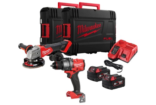 Zestaw Milwaukee M18: wiertarko-wkrętarka udarowa M18 FPD3 + szlifierka kątowa 125 mm M18 FSAG125X, 2 x aku. 5.0 Ah, ładowarka, walizka M18FPP2E3-502XEU 4933492516