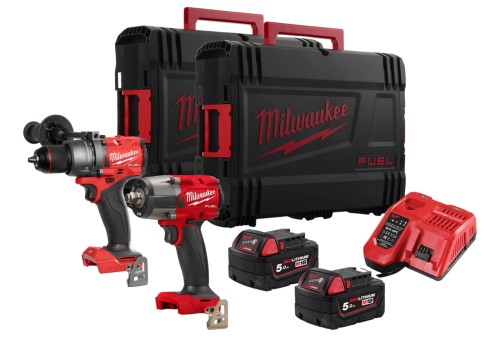 Zestaw Milwaukee M18: wiertarko-wkrętarka z udarem M18 FPD3 + kluczowy udarowy M18 FMTIW2F12, 2x aku. 5.0Ah, ładowarka, walizki M18FPP2F3-502X 4933492518