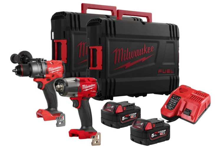 Zestaw Milwaukee M18: wiertarko-wkrętarka z udarem M18 FPD3 + kluczowy udarowy M18 FMTIW2F12, 2x aku. 5.0Ah, ładowarka, walizki M18FPP2F3-502X 4933492518