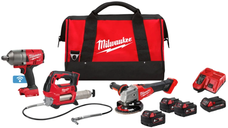 Zestaw Milwaukee: klucz udarowy M18 ONEFHIWF34 FUEL™ ONE-KEY™ 3/4˝, szlifierka kątowa M18FSAG125X FUEL™ 125 mm, smarownica M18GG, aku.: 3x 5.0 Ah + 1x 2.0 Ah, ładowarka M12-18FC, torba M18FPP3AK-523B 4933498576