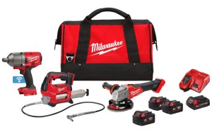 Zestaw Milwaukee: klucz udarowy M18 ONEFHIWF34 FUEL™ ONE-KEY™ 3/4˝, szlifierka kątowa M18FSAG125X FUEL™ 125 mm, smarownica M18GG, aku.: 3x 5.0 Ah + 1x 2.0 Ah, ładowarka M12-18FC, torba M18FPP3AK-524B