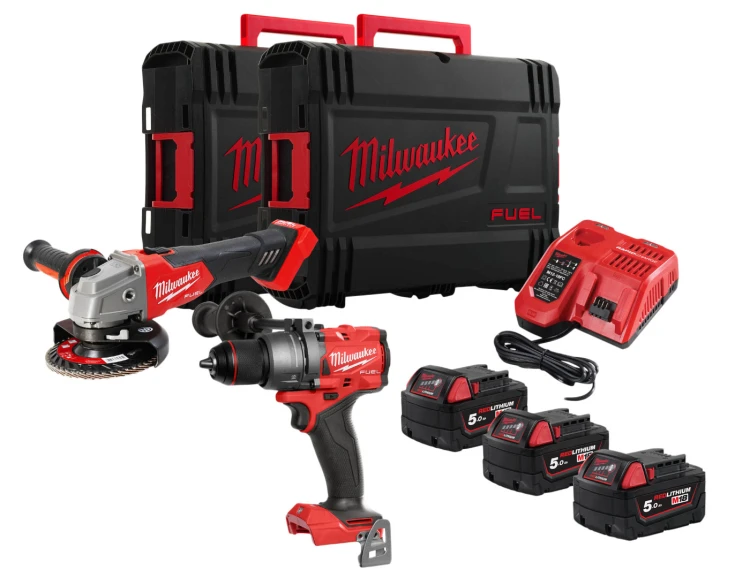 Zestaw Milwaukee M18: wiertarko-wkrętarka udarowa M18 FPD3 + szlifierka kątowa 125 mm M18 FSAG125X, 3 x aku. 5.0 Ah, ładowarka, walizka M18FPP2E3-502XEU 4933492516
