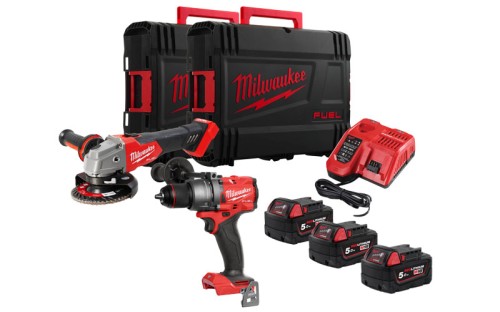 Zestaw Milwaukee M18: wiertarko-wkrętarka udarowa M18 FPD3 + szlifierka kątowa 125 mm M18 FSAG125X, 3 x aku. 5.0 Ah, ładowarka, walizka M18FPP2E3-502XEU 4933492516