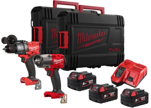 Zestaw Milwaukee M18: wiertarko-wkrętarka z udarem M18 FPD3 + kluczowy udarowy M18 FMTIW2F12, 3x aku. 5.0Ah, ładowarka, walizki M18FPP2F3-503X