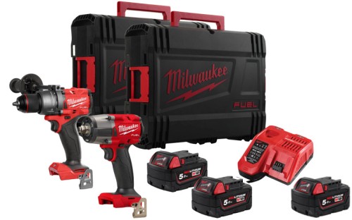 Zestaw Milwaukee M18: wiertarko-wkrętarka z udarem M18 FPD3 + kluczowy udarowy M18 FMTIW2F12, 3x aku. 5.0Ah, ładowarka, walizki M18FPP2F3-503X