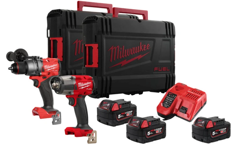 Zestaw Milwaukee M18: wiertarko-wkrętarka z udarem M18 FPD3 + kluczowy udarowy M18 FMTIW2F12, 3x aku. 5.0Ah, ładowarka, walizki M18FPP2F3-503X