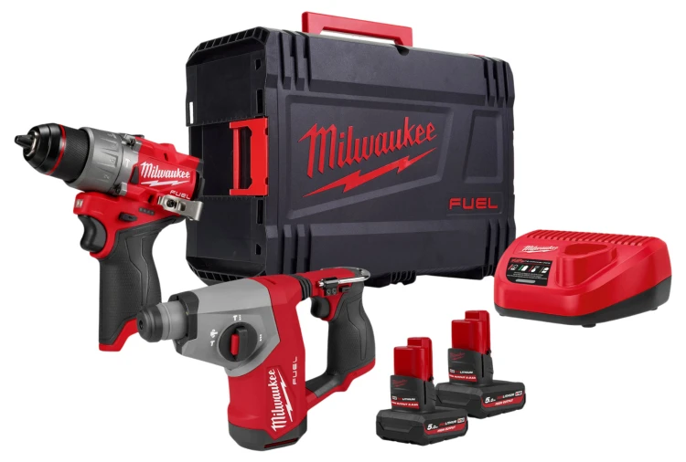 Zestaw Milwaukee M12: wiertarko-wkrętarka M12 FPD2 + młotowiertarka M12 FHAC16, 2x aku. HIGH OUTPUT™ 5.0 Ah, ładowarka, walizka M12FPP2BG2-502X 4933500138