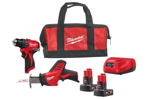 Zestaw Milwaukee M12: wiertarko-wkrętarka M12 BLDDRC, piła szablasta HACKZALL™ C12 HZ, 2x aku. 4.0 Ah, ładowarka, torba M12BLPP2A-402B 4933499692