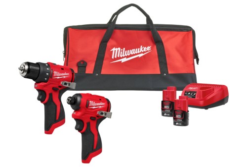 Zestaw Milwaukee M12™: wiertarko-wkrętarka M12BLDDRC, zakrętarka udarowa M12BLIDRC, 2x aku. 2.0 Ah + ładowarka, w torbie, M12BLPP2D-202B 4933500139