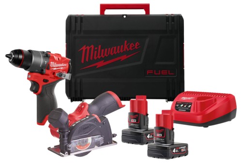 Zestaw Milwaukee M12™ FUEL™: wiertarko-wkrętarka udarowa M12FPD2, szlifierka kątowa M12FCOT, 2x aku. 4.0Ah, ładowarka, walizka HD Box, M12FPP2G2-402X 4933480592