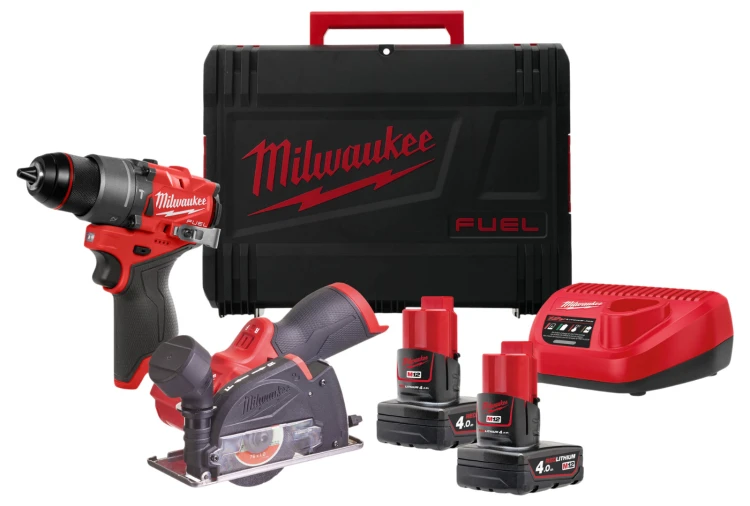 Zestaw Milwaukee M12™ FUEL™: wiertarko-wkrętarka udarowa M12FPD2, szlifierka kątowa M12FCOT, 2x aku. 4.0Ah, ładowarka, walizka HD Box, M12FPP2G2-402X 4933480592