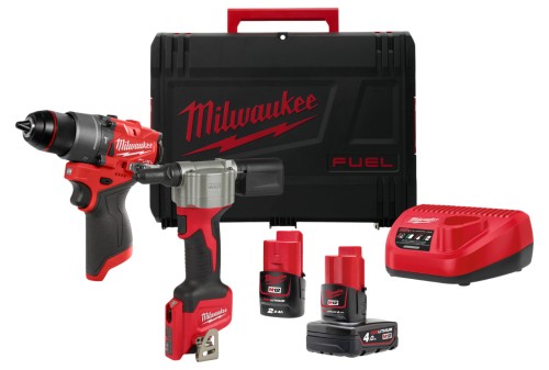 Zestaw Milwaukee M12: wiertarko-wkrętarka M12FPD2, nitownica M12BPRT, 2 akumulatory: 2.0 i 4.0 Ah, ładowarka, w walizce Hd Box M12FPP2D2-422X 4933480593
