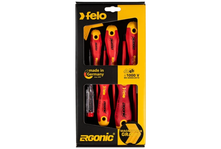 Wkrętaki izolowane FELO Ergonic VDE + próbnik napięcia + magnetyzer 41396399