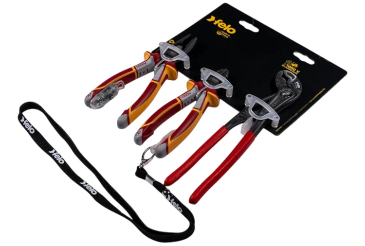 Zestaw 2 szczypiec izolowanych VDE: kombinerki 180mm, obcinaczki boczne 160mm + szczypce do rur 250mm FELO + detektor i smycz GRATIS 58094095