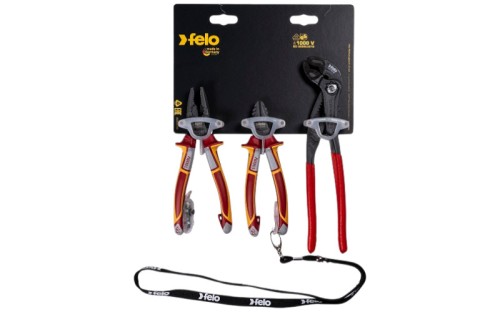 Zestaw 2 szczypiec izolowanych VDE: kombinerki 180mm, obcinaczki boczne 160mm + szczypce do rur 250mm FELO + detektor i smycz GRATIS 58094095