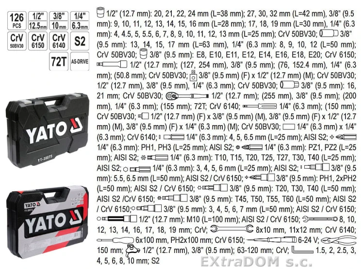 Zestaw narzędziowy Yato 1/2'' 3/8" 1/4" 126 cz. YT-38875