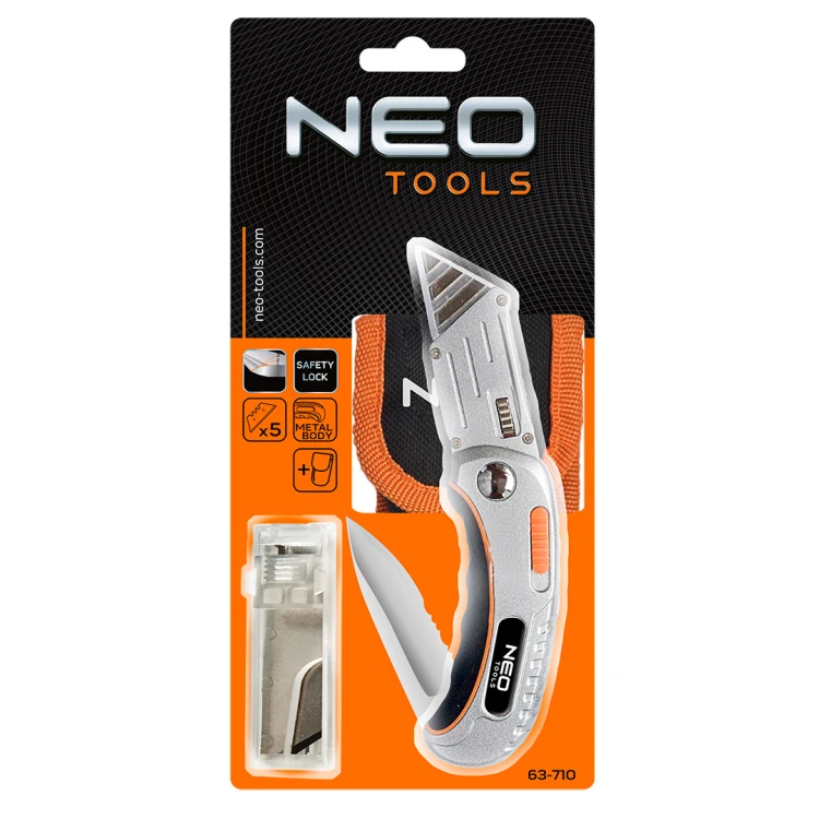 Nóż uniwersalny składany NEO TOOLS ostrze trapezowe, nylonowe etui + 5 ostrzy