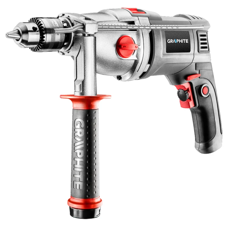 Wiertarka udarowa dwubiegowa GRAPHITE 1050W, uchwyt kluczykowy 13 mm, obroty I: 1100, II: 3000 min⁻¹, walizka