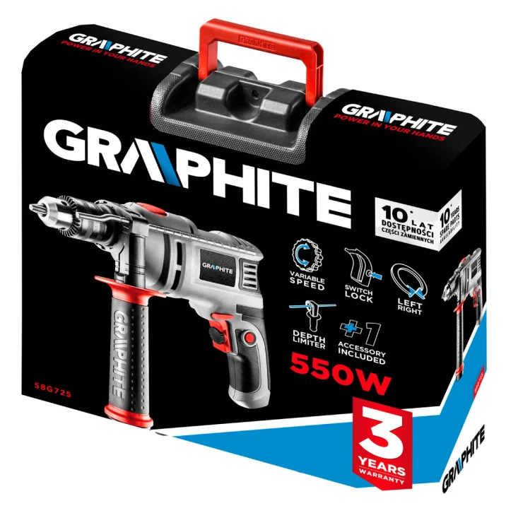 Wiertarka udarowa GRAPHITE 550W, uchwyt kluczykowy 13 mm, obroty 0-3000 min⁻¹, walizka