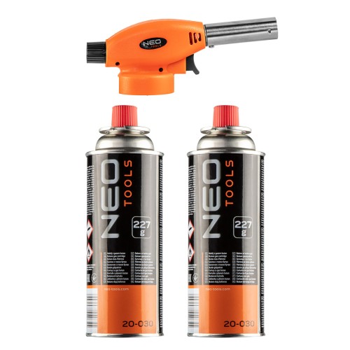 Palnik gazowy nakręcany NEO TOOLS + 2 naboje z gazem butan, 227 g