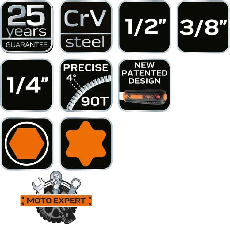 Klucze nasadowe NEO TOOLS zestaw 219 szt. CrV 1/2" 3/8" 1/4"