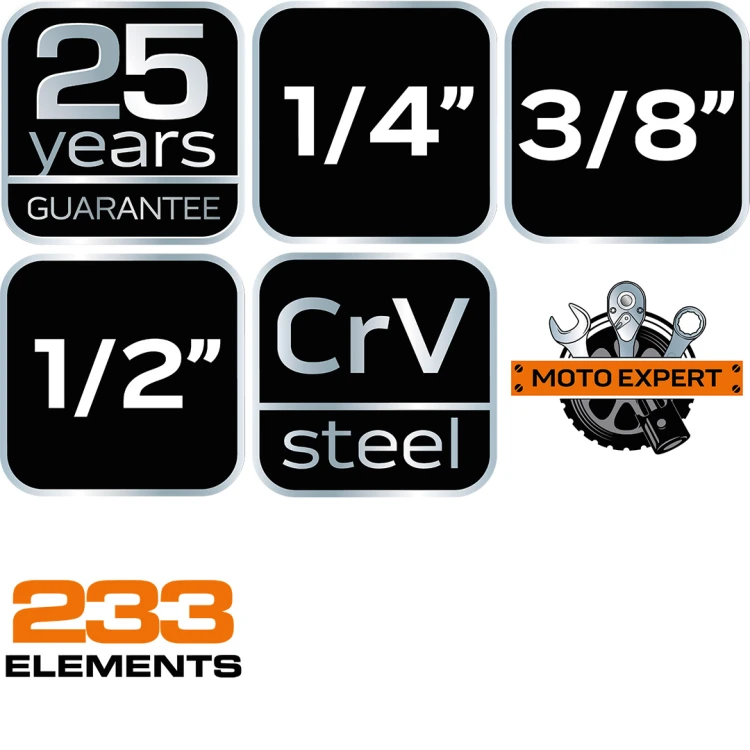 Klucze nasadowe NEO TOOLS zestaw233 szt. CrV 1/2" 3/8" 1/4"
