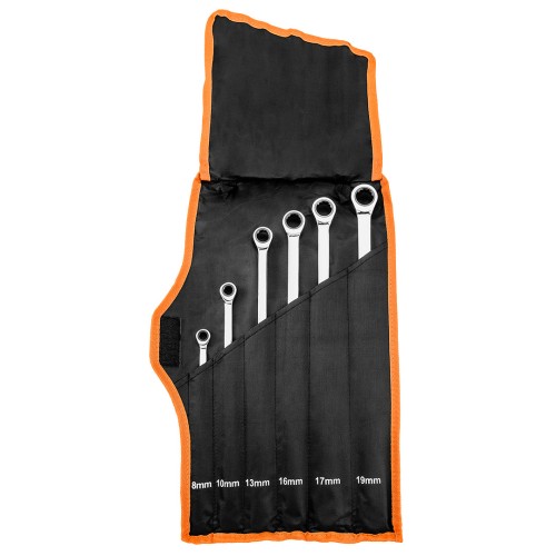 Klucze oczkowe NEO TOOLS z grzechotką, długie zestaw 6 szt. 8 - 19 mm, miękkie etui