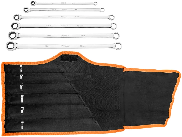 Klucze oczkowe NEO TOOLS z grzechotką, długie zestaw 6 szt. 8 - 19 mm, miękkie etui