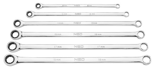 Klucze oczkowe NEO TOOLS z grzechotką, długie zestaw 6 szt. 8 - 19 mm, miękkie etui