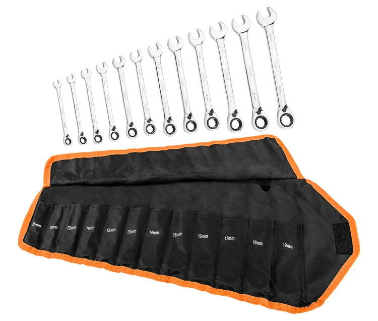 Klucze płasko-oczkowe NEO TOOLS z grzechotką i przełącznikiem zestaw 12 szt. 8 - 19 mm, miękkie etui