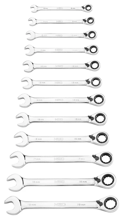 Klucze płasko-oczkowe NEO TOOLS z grzechotką i przełącznikiem zestaw 12 szt. 8 - 19 mm, miękkie etui