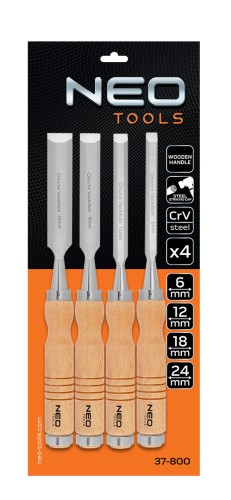 Dłuta NEO TOOLS 6, 12, 18, 24 mm zestaw 4 szt. uchwyt drewniany