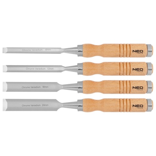 Dłuta NEO TOOLS 6, 12, 18, 24 mm zestaw 4 szt. uchwyt drewniany
