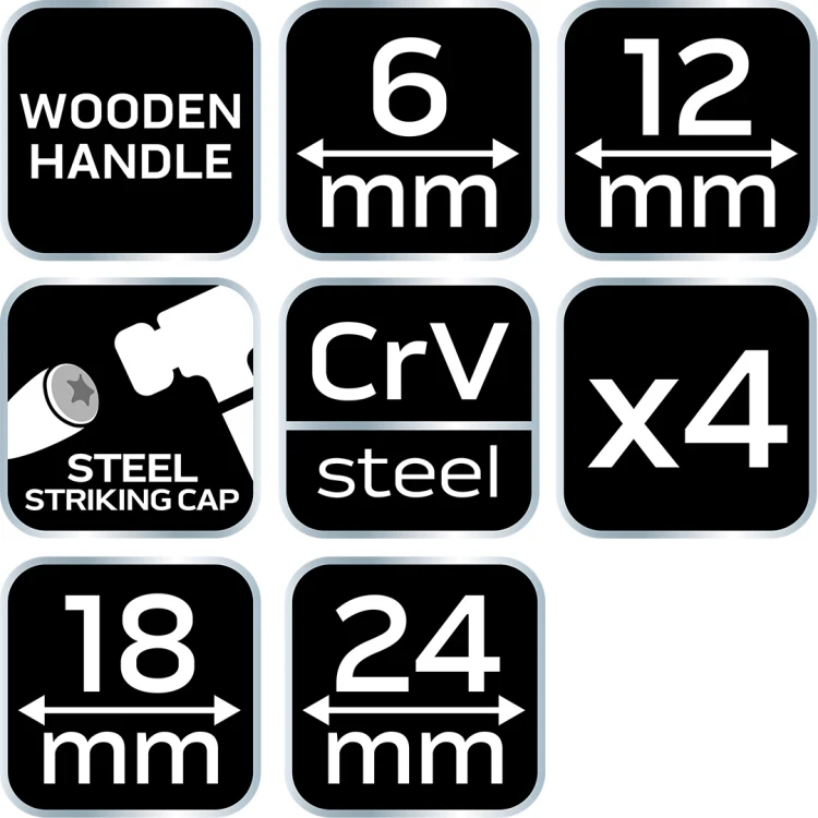 Dłuta NEO TOOLS 6, 12, 18, 24 mm zestaw 4 szt. uchwyt drewniany