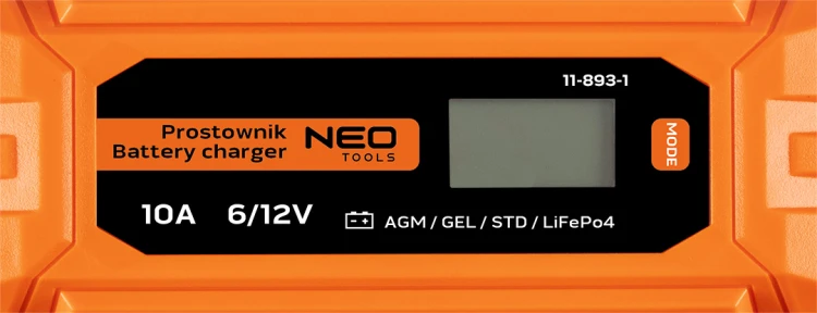 Prostownik automatyczny NEO TOOLS 10A/160W 3-200Ah do akumulatorów kwasowych / AGM / GEL