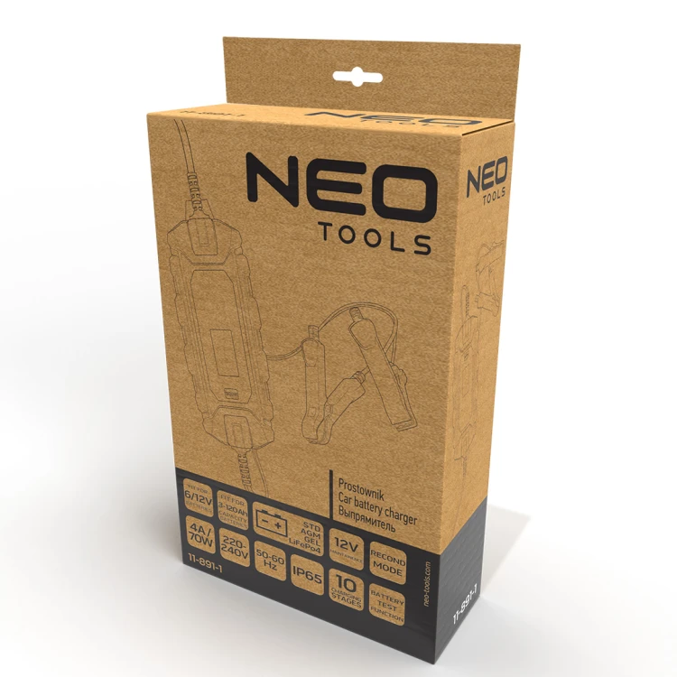 Prostownik automatyczny NEO TOOLS 4A/70W 3-120Ah do akumulatorów kwasowych / AGM / GEL