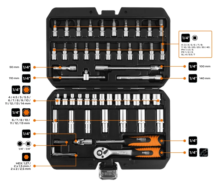 Klucze nasadowe NEO TOOLS 1/4" 55 szt. satynowy