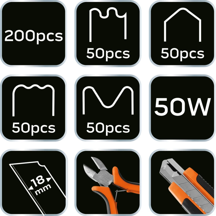 Lutownica do plastiku NEO TOOLS 50W zestaw + 200 szt zszywek + nóż + szczypce