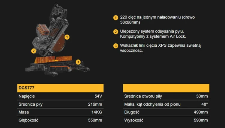 DEWALT pilarka ukosowa akumulatorowa 216mm XR FlexVolt 54V DCS777N-XJ wersja zerowa bez akumulatora i ładowarki