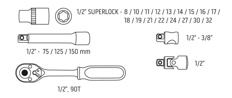 Klucze nasadowe 1/2" NEO TOOLS zestaw 23 szt.