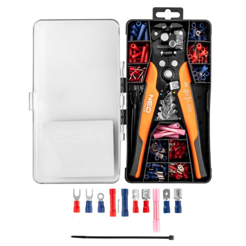 Automatyczny ściągacz izolacji NEO TOOLS 205 mm, czołowy + konektory 230 szt.