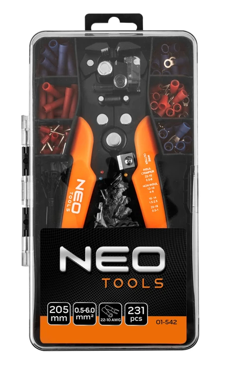 Automatyczny ściągacz izolacji NEO TOOLS 205 mm, czołowy + konektory 230 szt.