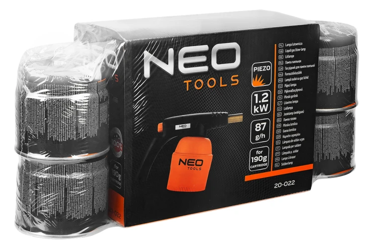 Lampa lutownicza gazowa NEO TOOLS na naboje 190 g + 4 naboje gazowe nabijane