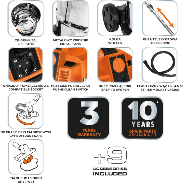 Odkurzacz przemysłowy NEO TOOLS 1600W, zbiornik 35 L