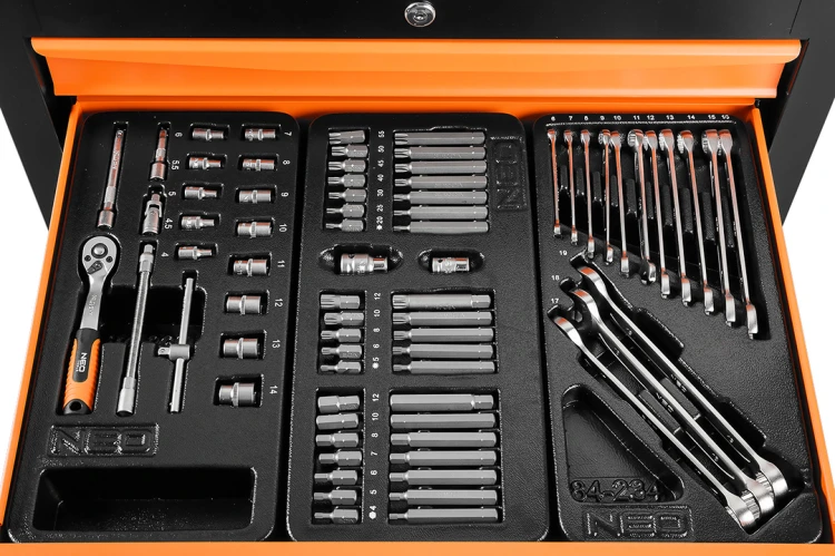 Szafka warsztatowa, NEO TOOLS 7 szuflad + zestaw 129 narzędzi