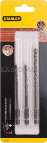 Wiertła do muru, cegły, pustaka kpl. 3 szt. 4 -5 -6mm Stanley z uchwytem sześciokątnym 1/4 STA53053